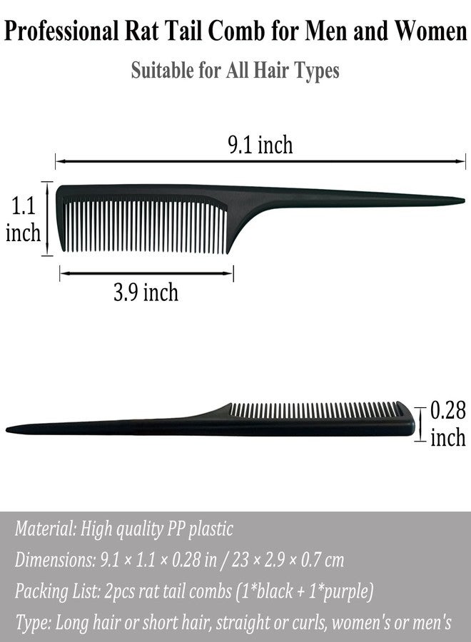 SmaringWing Rat Tail Comb, 2Pcs Teasing Combs with Parting Tip Styling Sectioning Braiding Fine Tooth Comb, Anti Static Hair Detangling Rattail Parting Combs for Women and Men, Fit All Hair Types (Purple, Black) - Image 2